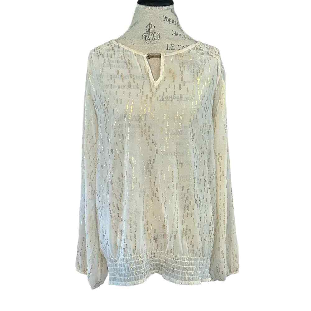 Chico's lustrous dot Quin top keyhole neckline cream gold sz 3 dressy flowy XL16